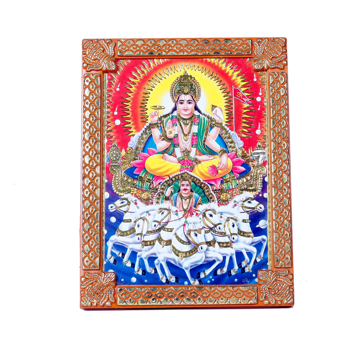 Lord Surya Bhagwan Is Sitting On The Throne Photo Frame - 8 x 6 Inches | For Pooja Temple | Home Decor | Office Decoration | Mandir Decoration And Gifts