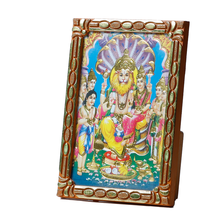 Lakshmi Narasingha Bhagwan Is Sitting On Throne Photo Frame - 5 × 3 Inches | For Pooja Temple | Home Decor | Office & Mandir Decoration And Gifts