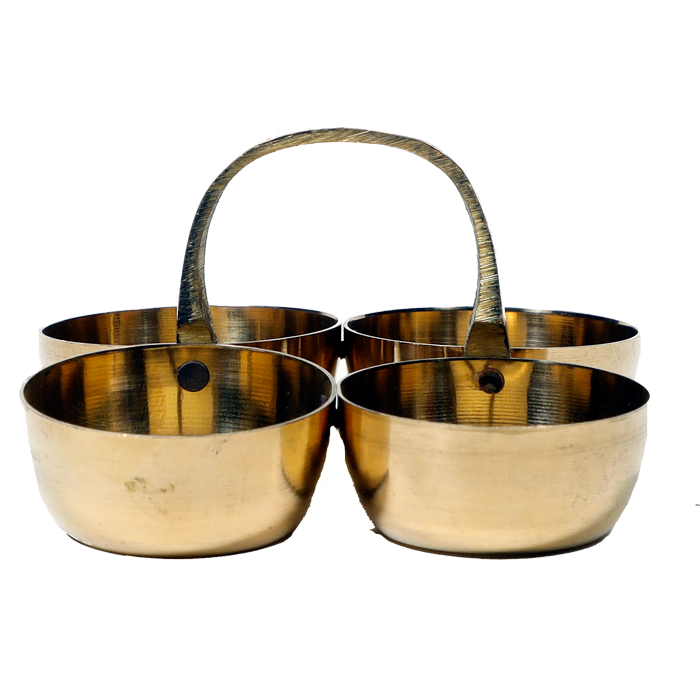 Brass Small Puja Roli | Chawal, Elaichi, Mishri 4 Bowl Stand | Brass Chowmukh Haldi Kumkum - | For Pooja Temple | Home Kitchenware And Gifts