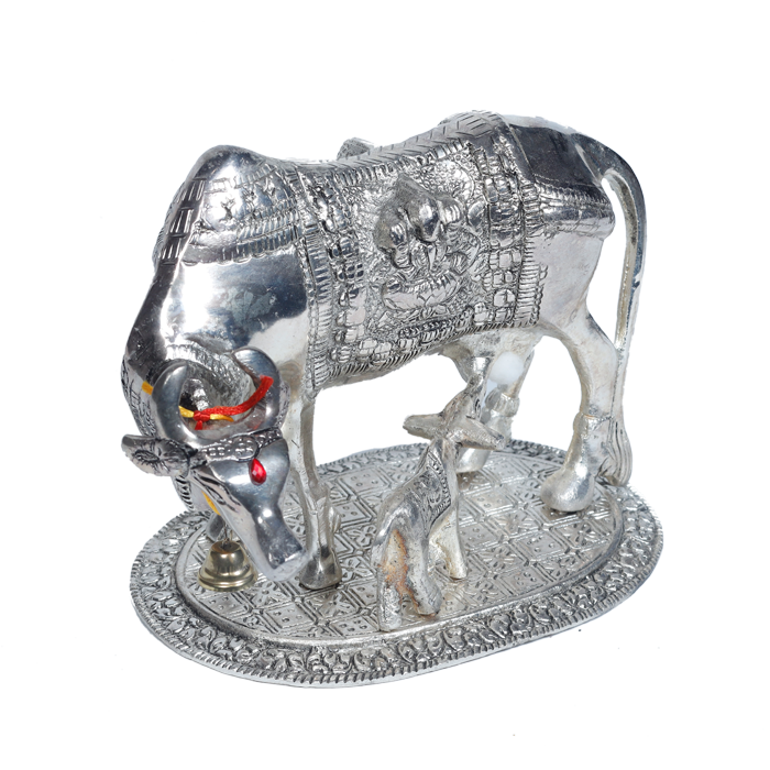 Metal Golden And Silver Plated Cow And Collins - 6.5 × 9 Inches | For Pooja Temple | Home Decor | Office & Mandir Decoration | Vastu & Spiritual Decor, Ideal for Worship And Gifts