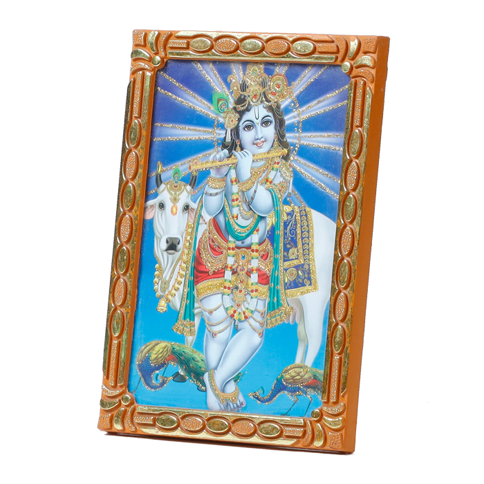 Lord Krishna With Flute And Nandi Photo Frame - 5 × 3 Inches | For Pooja Temple | Home Decor | Office & Mandir Decoration And Gifts