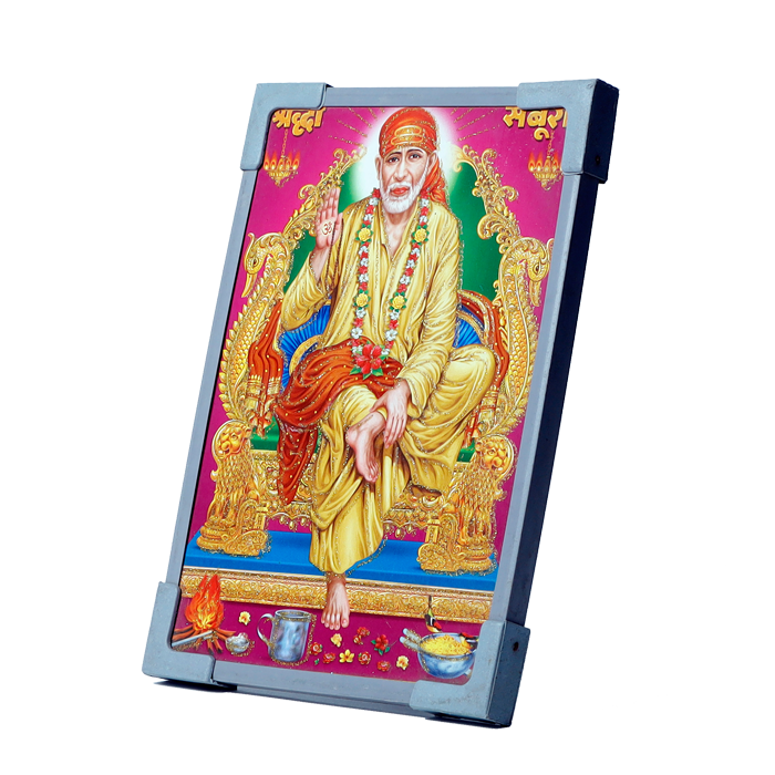 Shree Sai Baba Is Sitting On The Throne Photo Frame - 7 × 5 Inches | For Pooja Temple | Home Decor | Office Decoration | Mandir Decoration And Gifts