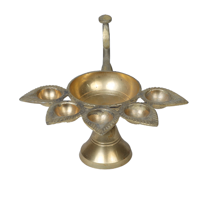 Brass Panchmukhi Puja Aarti Diya with Handle | Festival, Diwali, Navratri 5 Batti Oil Diya Stand - 4 × 11 Inches | 3 × 10 Inches | For Pooja Temple | Home And Mandir Decoration