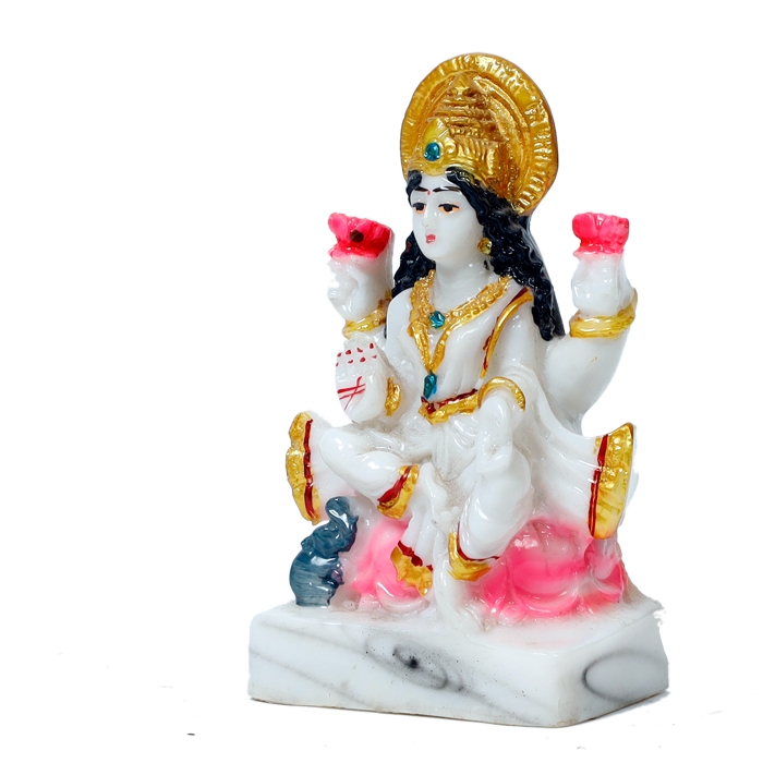 Goddess Lakshmi Mata Is Sitting On The Stool Marble Dust Murti Idol - 4 × 3 Inches | For Pooja Temple | Home Decor | Office Decoration | Mandir Decoration And Gifts