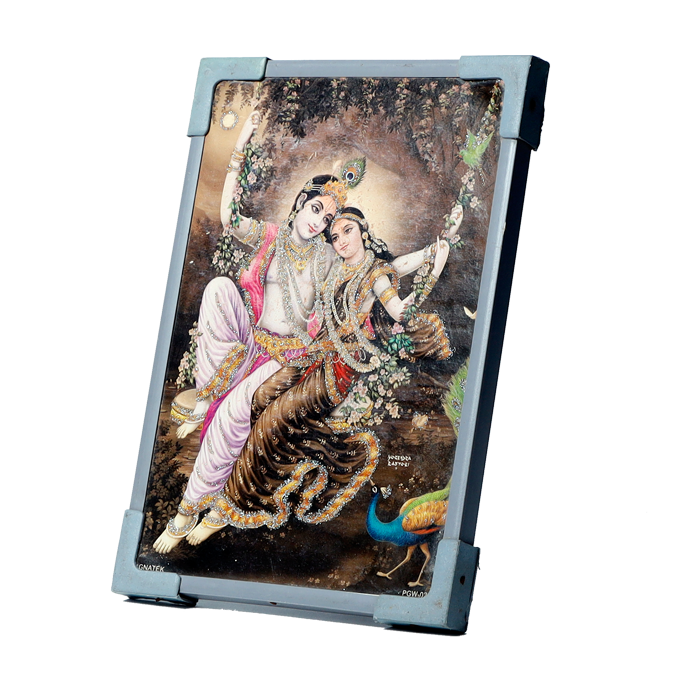Lord Krishan And Goddess Radha on Swing | Photo Frame - 7 × 5 Inches | For Pooja Temple | Home Decor | Office Decoration | Mandir Decoration And Gifts