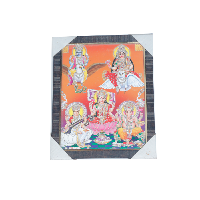 Goddess Lakshmi Mata, Lord Ganesha, Goddess Saraswati Mata, Lord Vishnu And Dhan Kubera Photo Frame - 11 × 10 Inches | For Pooja Temple | Home Decor And Gifts