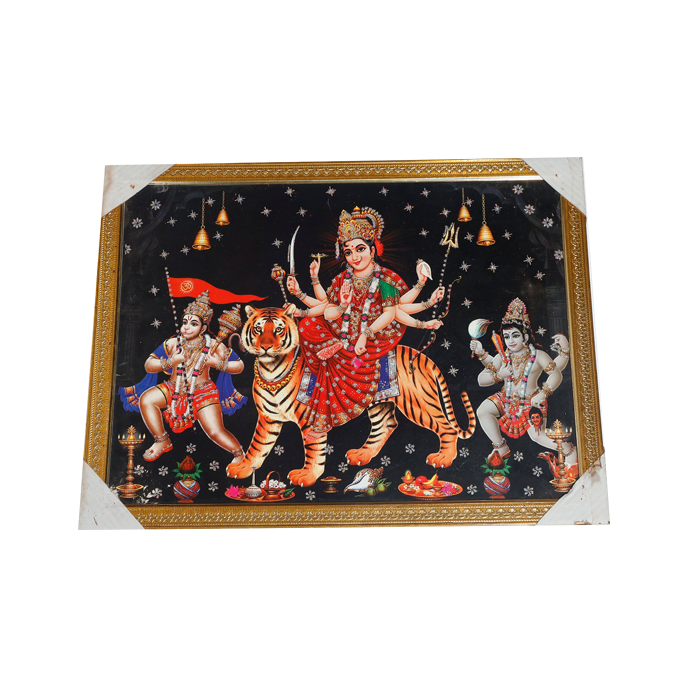 Goddess Durga Mata, Bajrangbali Hanuman Ji And Lord koshthak Kaal Bhairav Photo Frame - 26 × 20 Inches | For Pooja Temple | Home Decor And Gifts