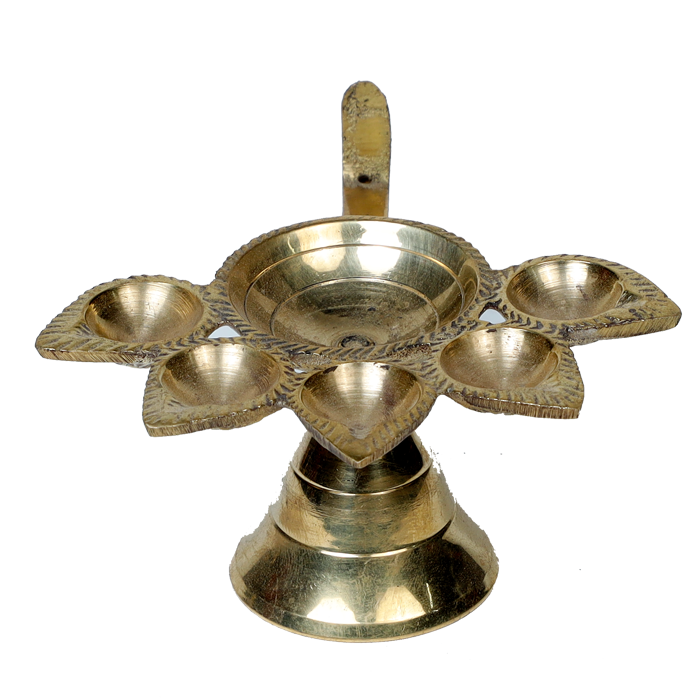 Brass Panchmukhi Puja Aarti Diya with Handle | Festival, Diwali, Navratri 5 Batti Oil Diya Stand - 2 × 5 Inches | For Pooja Temple | Home And Mandir Decoration
