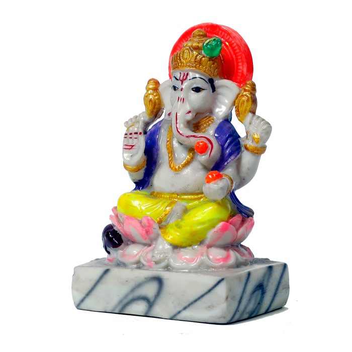 Lord Ganesha Is Sitting On Throne Marble Dust Murti Idol - 5 x 3 Inches | For Pooja Temple | Home Decor | Office Decoration | Mandir Decoration And Gifts