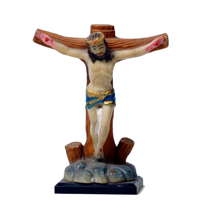 Lord Jesus Christ on the Standing Cross Marble Dust Murti Idol - 6.5 x 5 Inches | For Pooja Temple | Home Decor | Office Decoration | Mandir Decoration And Gifts