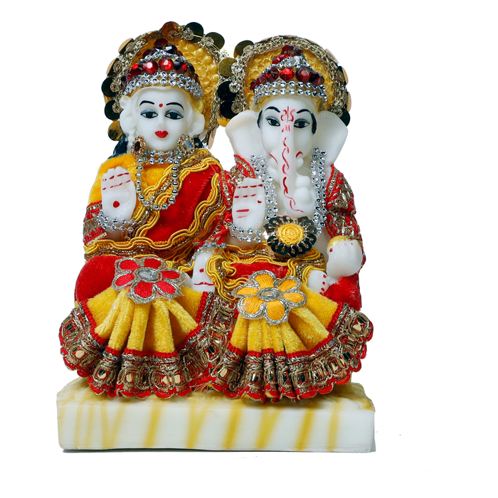 Goddess Lakshmi Mata And Lord Ganesha Are Dressed In Clothes | Marble Dust Murti Idol - 7 x 6 Inches | For Pooja Temple | Home Decor | Office Decoration | Mandir Decoration And Gifts