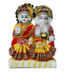 Goddess Lakshmi Mata And Lord Ganesha Are Dressed In Clothes | Marble Dust Murti Idol - 7 x 6 Inches | For Pooja Temple | Home Decor | Office Decoration | Mandir Decoration And Gifts