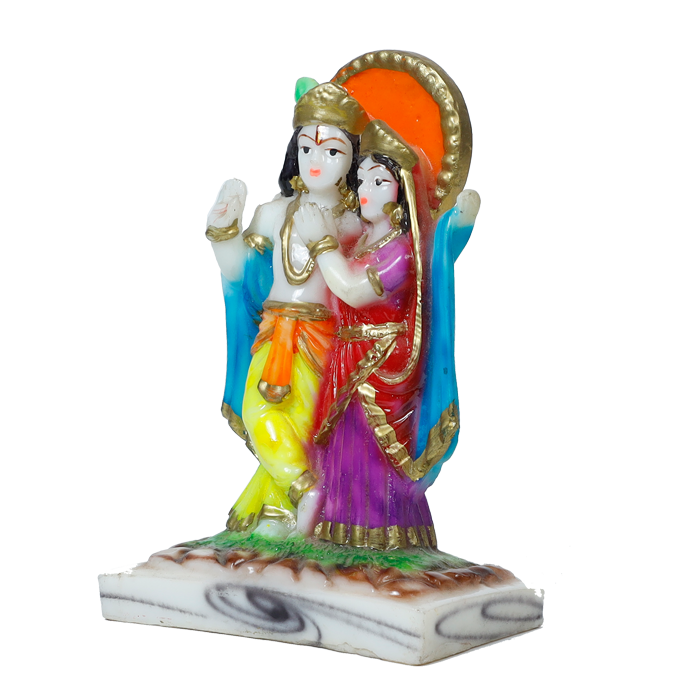 Goddess Radha And Lord Krishna Are Standing At The Chowki | Marble Dust Murti Idol - 6 × 4 Inches | For Pooja Temple | Home Decor | Office Decoration | Mandir Decoration And Gifts