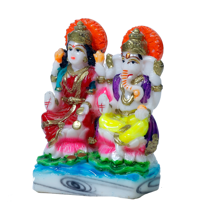 Goddess Lakshmi Mata & Lord Ganesha Is Sitting On Throne Marble Dust Murti Idol - 5 x 3 Inches | For Pooja Temple | Home Decor | Office Decoration | Mandir Decoration And Gifts