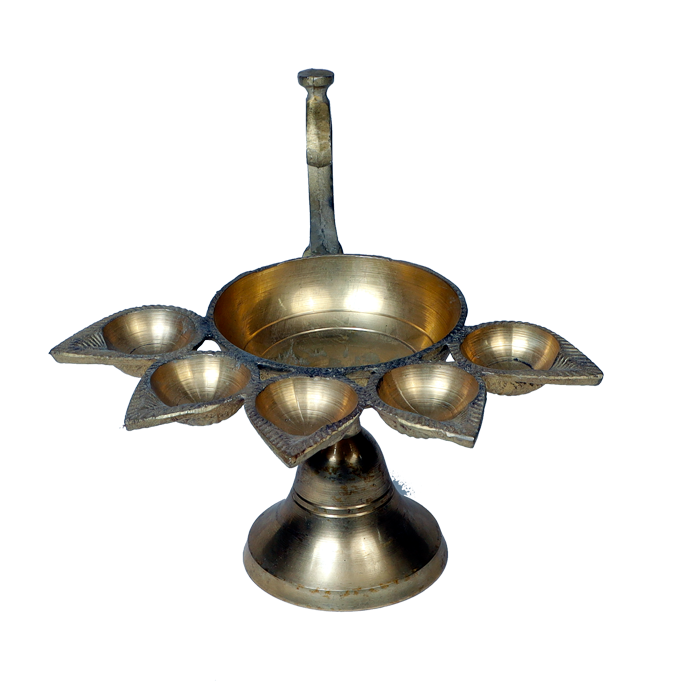 Brass Panchmukhi Puja Aarti Diya with Handle | Festival, Diwali, Navratri 5 Batti Oil Diya Stand - 5 × 14 Inches | For Pooja Temple | Home And Mandir Decoration