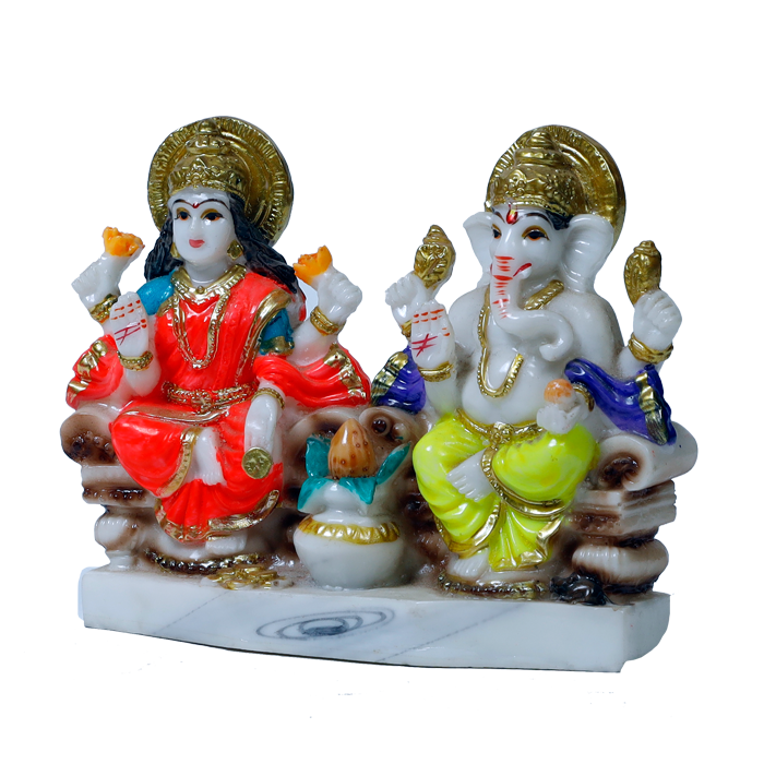 Goddess Lakshmi Mata And Lord Ganesha Is Sitting On Throne | Marble Dust Murti Idol - 4 x 5 Inches | For Pooja Temple | Home Decor | Office Decoration | Mandir Decoration And Gifts