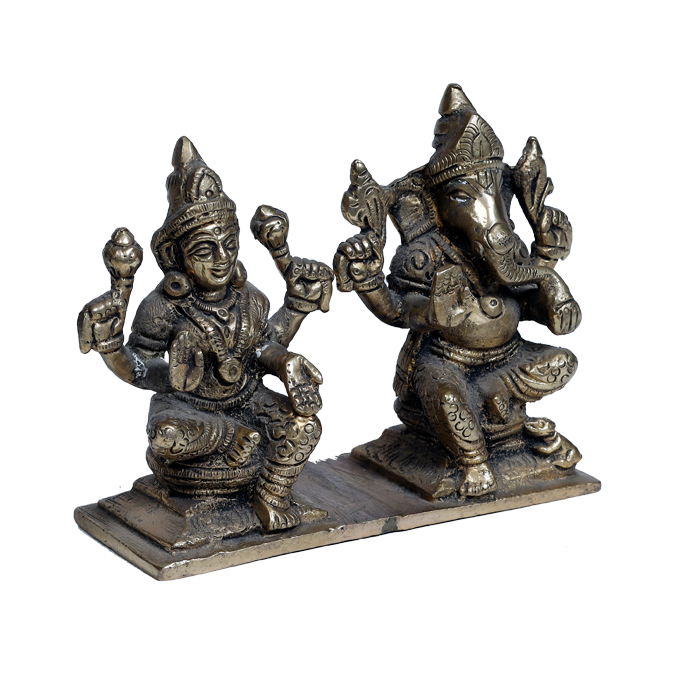 Ashtadhatu Murti Goddess Lakshmi And Lord Ganesha Is Sitting On Stool - 4 × 5.5 Inches | For Pooja Temple | Home Decor | Office & Mandir Decoration And Gifts