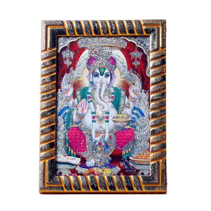 Lord Ganesha Is Sitting On The Throne Photo Frame - 5 × 3 Inches | For Pooja Temple | Home Decor | Office Decoration | Mandir Decoration And Gifts