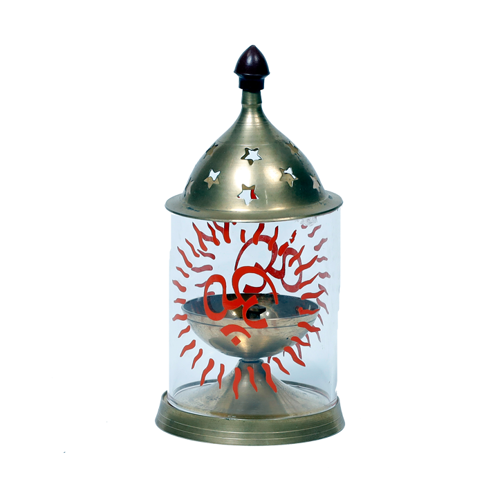 Brass OM Akhand Diya Pooja Mandir | Diya With Glass Cover - 7 × 3.5 Inches | 7 × 4 Inches | For Pooja Temple | Home & Mandir Decoration And Gifts