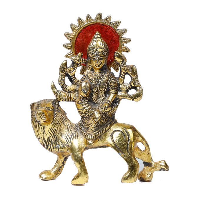 Brass Murti Shera Wali Mata Is Sitting On Lion - 6 × 5 Inches | For Pooja Temple | Home Decor | Office & Mandir Decoration And Gifts