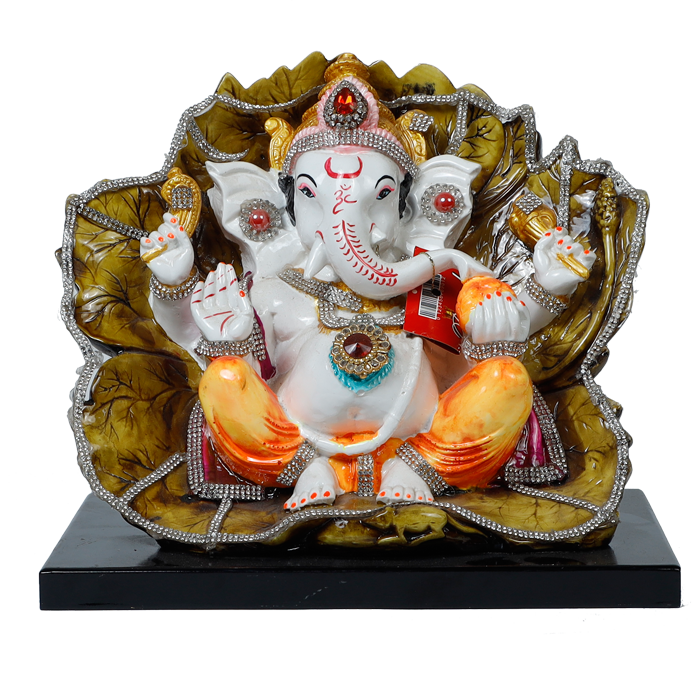 Lord Ganesha Is Sitting On The Paan Leaf | Marble Dust Murti Idol - 10 × 9 Inches | For Pooja Temple | Home Decor | Office Decoration | Mandir Decoration And Gifts