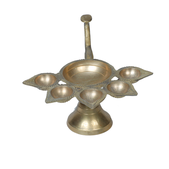 Brass Panchmukhi Puja Aarti Diya with Handle | Festival, Diwali, Navratri 5 Batti Oil Diya Stand - 3 × 8 Inches | For Pooja Temple | Home And Mandir Decoration