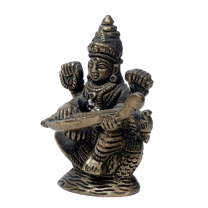 Brass Murti Goddess Saraswati Ji Is Sitting On Swan - 3 × 2 Inches | For Pooja Temple | Home Decor | Office & Mandir Decoration And Gifts