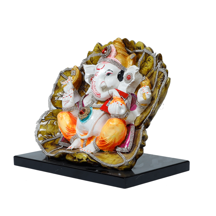 Lord Ganesha Is Sitting On The Paan Leaf | Marble Dust Murti Idol - 10 × 9 Inches | For Pooja Temple | Home Decor | Office Decoration | Mandir Decoration And Gifts