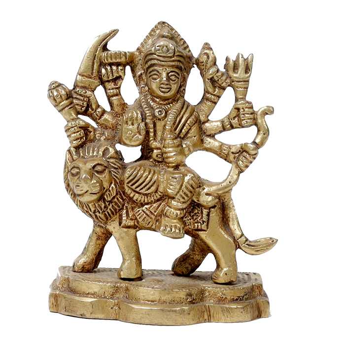 Brass Murti Goddess Durga Mata Is Sitting On Lion - 3 × 2.5 Inches | For Pooja Temple | Home Decor | Office & Mandir Decoration And Gifts