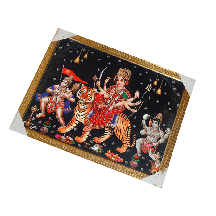 Goddess Durga Mata, Bajrangbali Hanuman Ji And Lord koshthak Kaal Bhairav Photo Frame - 26 × 20 Inches | For Pooja Temple | Home Decor And Gifts