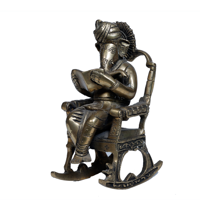 Brass Murti Lord Ganesha Is Sitting On Rocking Chair - 8 × 3 Inches | For Pooja Temple | Home Decor | Office & Mandir Decoration And Gifts