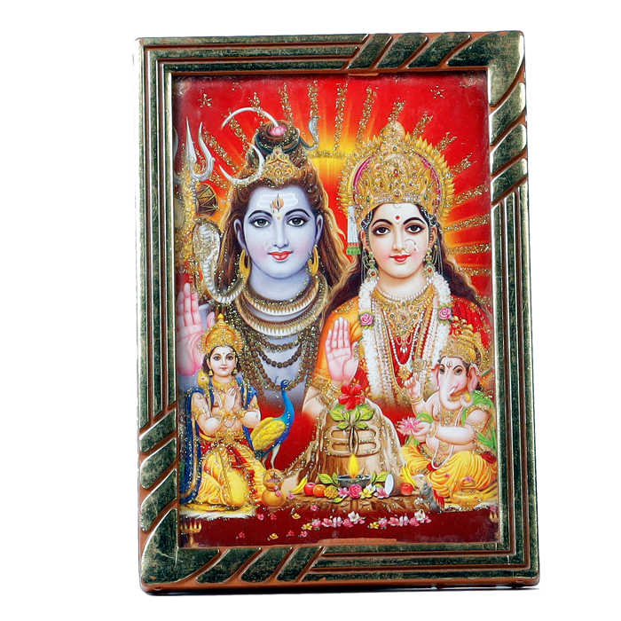 Lord Shiva Family Photo Frame | God Shiva, Parvati, Ganesh And Kartikeya - 5 × 3 Inches | For Pooja Temple | Home Decor | Office & Mandir Decoration And Gifts