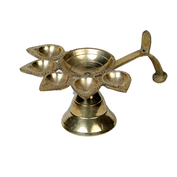 Brass Panchmukhi Puja Aarti Diya with Handle | Festival, Diwali, Navratri 5 Batti Oil Diya Stand - 2 × 5 Inches | For Pooja Temple | Home And Mandir Decoration