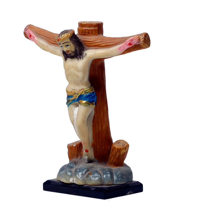 Lord Jesus Christ on the Standing Cross Marble Dust Murti Idol - 6.5 x 5 Inches | For Pooja Temple | Home Decor | Office Decoration | Mandir Decoration And Gifts