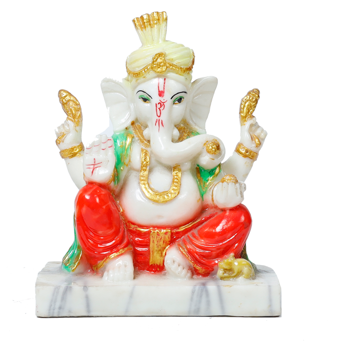 Lord Ganesha Is Sitting On The Throne | Marble Dust Murti Idol - 8 × 6 Inches | For Pooja Temple | Home Decor | Office Decoration | Mandir Decoration And Gifts