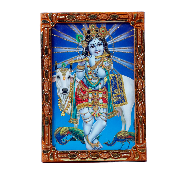 Lord Krishna With Flute And Nandi Photo Frame - 5 × 3 Inches | For Pooja Temple | Home Decor | Office & Mandir Decoration And Gifts