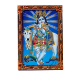 Lord Krishna With Flute And Nandi Photo Frame - 5 × 3 Inches | For Pooja Temple | Home Decor | Office & Mandir Decoration And Gifts