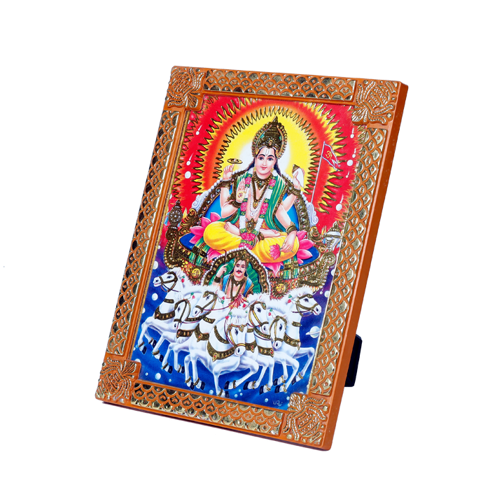 Lord Surya Bhagwan Is Sitting On The Throne Photo Frame - 8 x 6 Inches | For Pooja Temple | Home Decor | Office Decoration | Mandir Decoration And Gifts