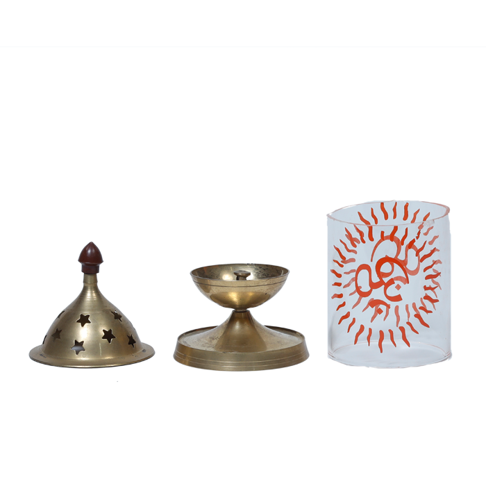 Brass OM Akhand Diya Pooja Mandir | Diya With Glass Cover - 7 × 3.5 Inches | 7 × 4 Inches | For Pooja Temple | Home & Mandir Decoration And Gifts