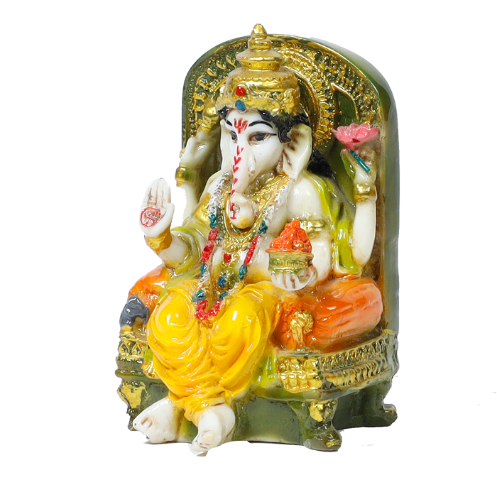 Lord Ganesha Is Sitting On The Throne | Marble Dust Murti Idol - 4 × 3 Inches | For Pooja Temple | Home Decor | Office Decoration | Mandir Decoration And Gifts