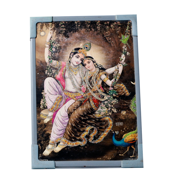 Lord Krishan And Goddess Radha on Swing | Photo Frame - 7 × 5 Inches | For Pooja Temple | Home Decor | Office Decoration | Mandir Decoration And Gifts