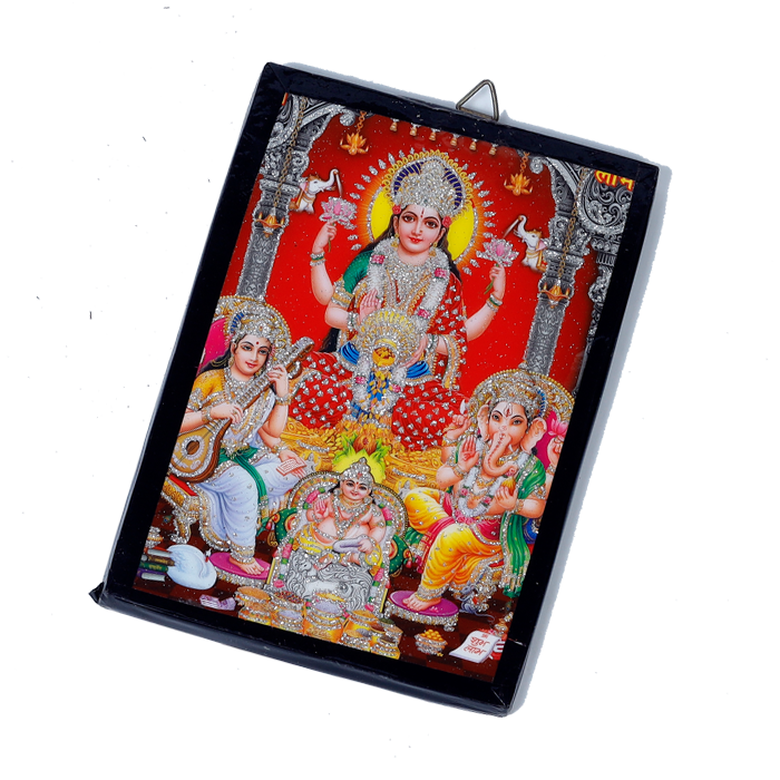 Goddess Lakshmi Mata, Lord Ganesha, Goddess Saraswati Mata And Kubera | Photo Frame - 7 x 5 Inches | For Pooja Temple | Home Decor | Office Decoration | Mandir Decoration And Gifts