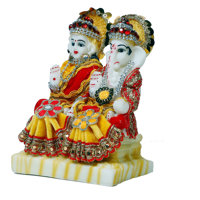 Goddess Lakshmi Mata And Lord Ganesha Are Dressed In Clothes | Marble Dust Murti Idol - 7 x 6 Inches | For Pooja Temple | Home Decor | Office Decoration | Mandir Decoration And Gifts