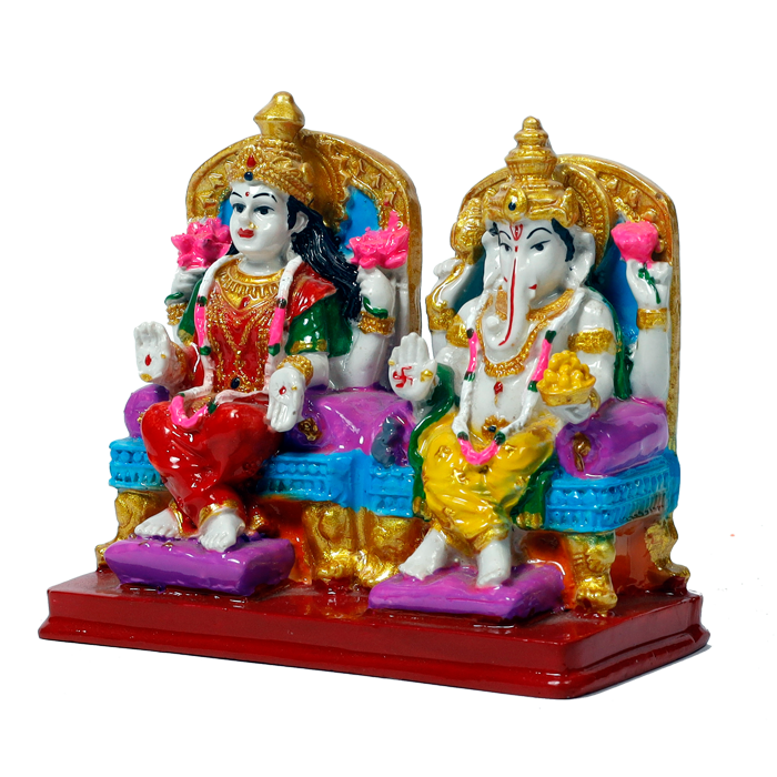 Goddess Lakshmi Mata & Lord Ganesha Is Sitting On The Throne Marble Dust Murti Idol - 4 x 4.3 Inches | For Pooja Temple | Home Decor | Office Decoration | Mandir Decoration And Gifts