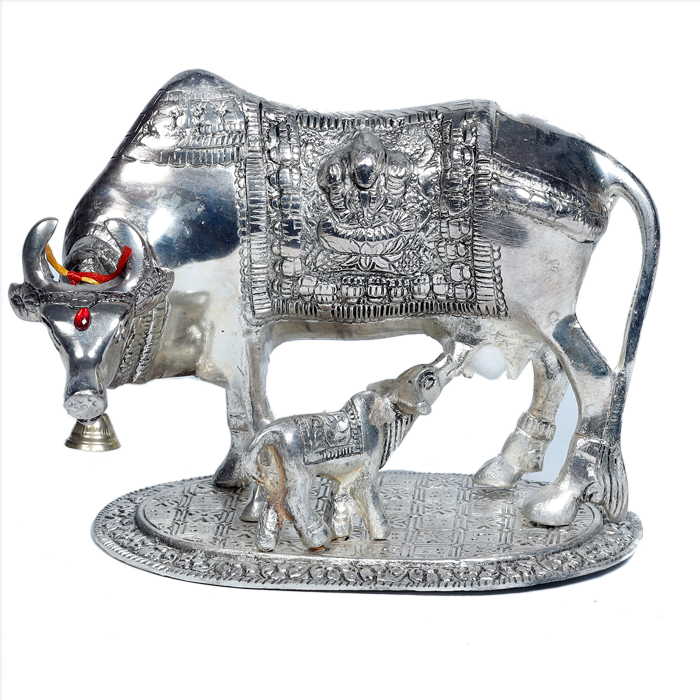 Metal Golden And Silver Plated Cow And Collins - 6.5 × 9 Inches | For Pooja Temple | Home Decor | Office & Mandir Decoration | Vastu & Spiritual Decor, Ideal for Worship And Gifts