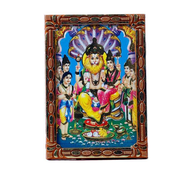 Lakshmi Narasingha Bhagwan Is Sitting On Throne Photo Frame - 5 × 3 Inches | For Pooja Temple | Home Decor | Office & Mandir Decoration And Gifts