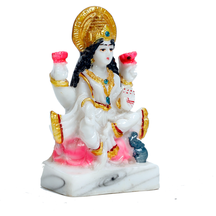 Goddess Lakshmi Mata Is Sitting On The Stool Marble Dust Murti Idol - 4 × 3 Inches | For Pooja Temple | Home Decor | Office Decoration | Mandir Decoration And Gifts