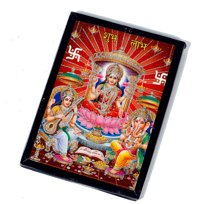 Goddess Lakshmi Mata, Lord Ganesha, And Goddess Saraswati Mata | Photo Frame - 7 x 5 Inches | For Pooja Temple | Home Decor | Office Decoration | Mandir Decoration And Gifts