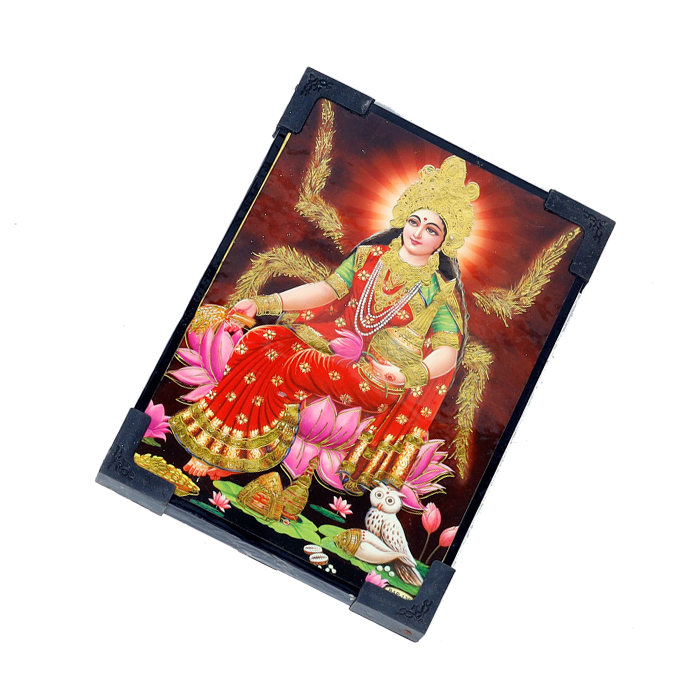 Goddess Lakshmi Is Sitting on Lotus Flower With Owl Photo Frame - 7 x 5 Inches | For Pooja Temple | Home Decor | Office Decoration | Mandir Decoration And Gifts