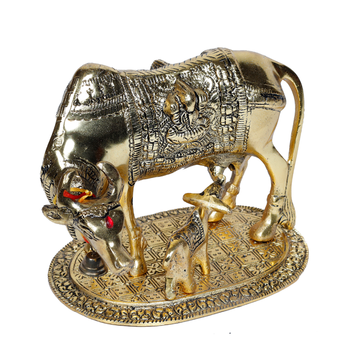 Metal Golden And Silver Plated Cow And Collins - 6.5 × 9 Inches | For Pooja Temple | Home Decor | Office & Mandir Decoration | Vastu & Spiritual Decor, Ideal for Worship And Gifts